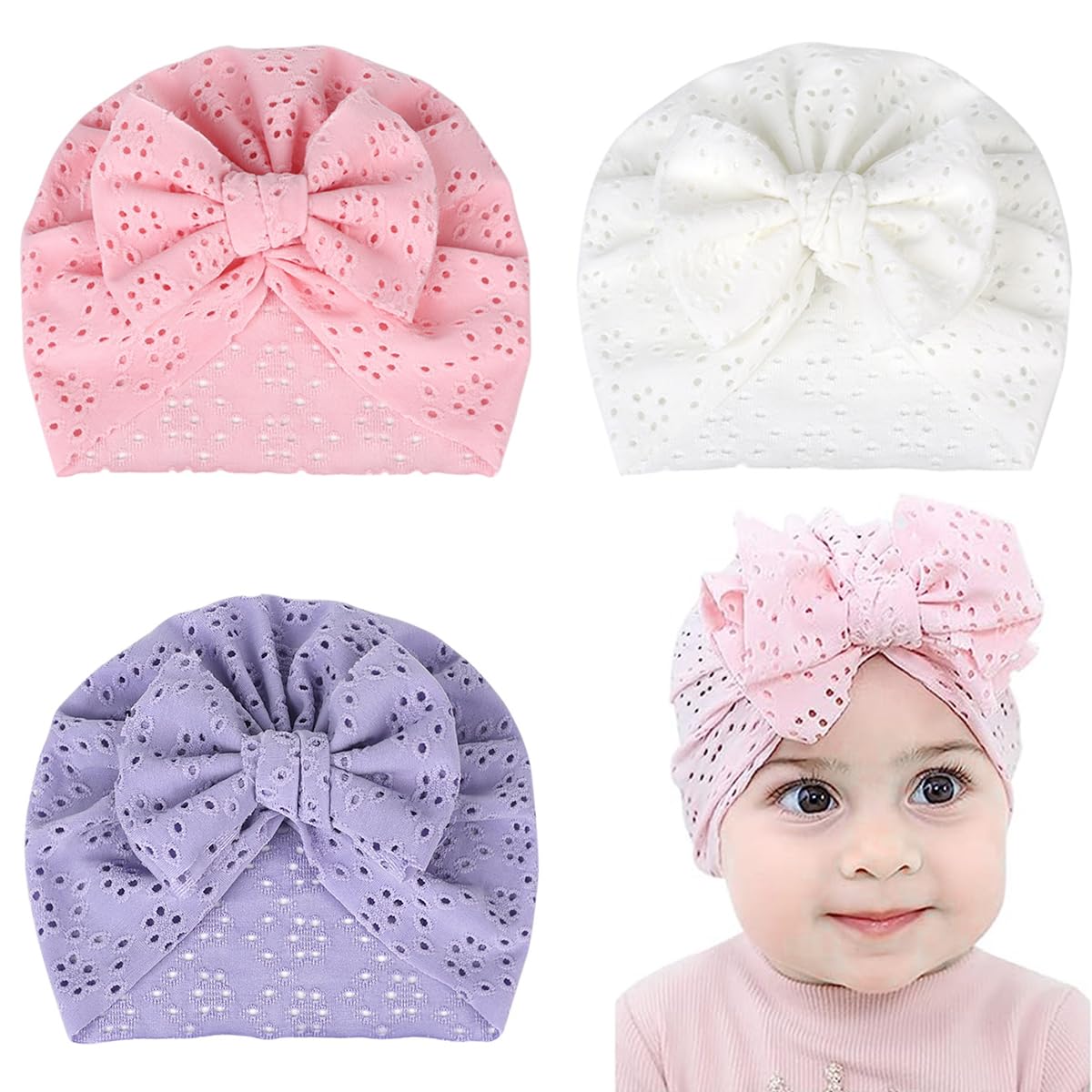 PALAY 3 Pack Turban Cap for Baby Girl, Soft Stretchy Newborns Hat, Knotted Big Bow Headband for Baby 3-18 Months, Cute Breathable Infant Headwrap Shower Gift PALAY 3 Pack Turban Cap for Baby Girl, Soft Stretchy Newborns Hat, Knotted Big Bow Headband for Baby 3-18 Months, Cute Breathable Infant Headwrap Shower Gift